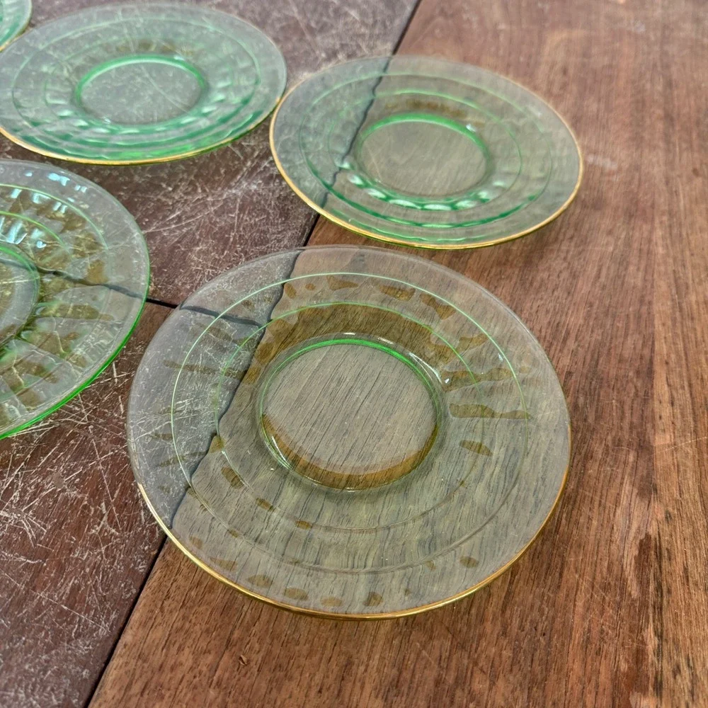 Set of 6 Vaseline Uranium Vintage Glass Saucers Gold Rimmed Dessert Small Plates